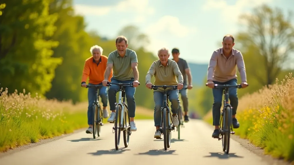 Starší cyklisté jedoucí v řadě po cyklostezce u Brna v jasné časy, slunečnice na obzoru