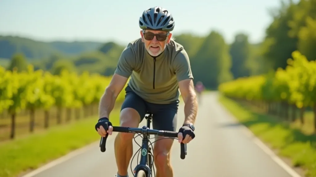 Cyklista v cyklistickém oblečení jedoucí po asfaltové cestě mezi viničními řadami v teplém slunečním dni