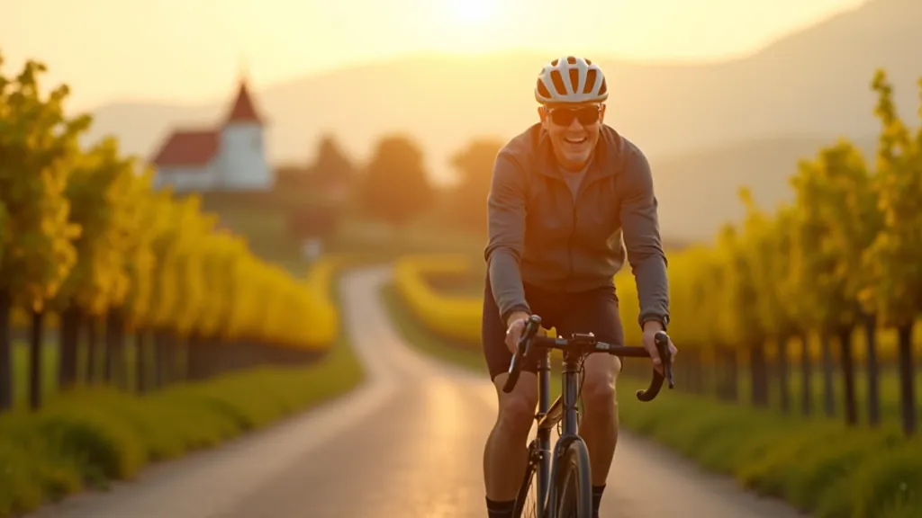 Cyklista v cyklistickém oblečení s brýlemi a přilbou jedoucí po asfaltové stezce s vinicemi a kostelem ve vesnici v pozadí
