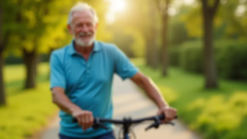 Senior cyklista v modrém triku se připravuje na cestu se svým kolem a batohem
