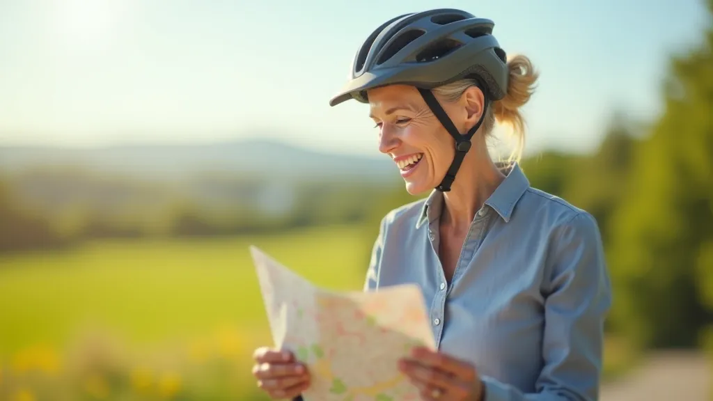 Starší žena v cyklistickém helmu kontrolující mapu během vyjížďky, slunečné odpoledne