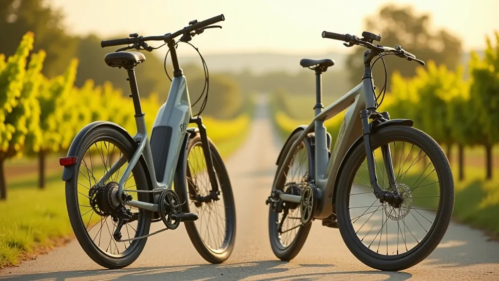 Dvě elektrokola značky Cube a Scott stojící vedle sebe u vinice s detailem na baterii a motor